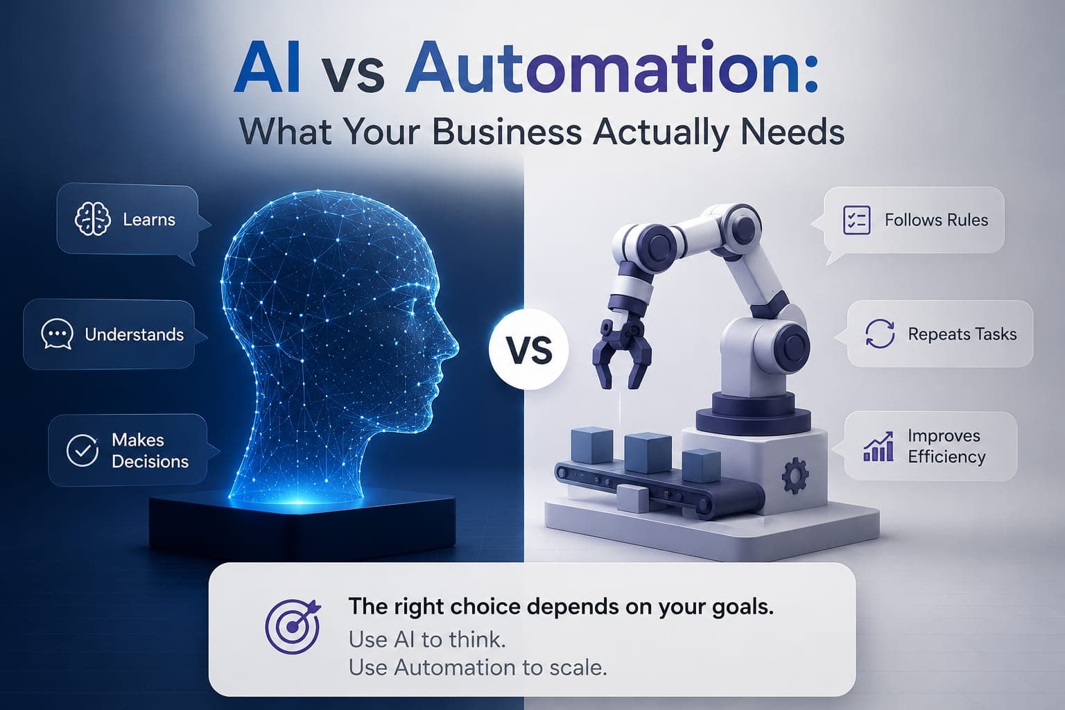 AI versus automation compared side by side: AI as a wireframe head that learns, understands and makes decisions, and automation as a robotic arm that follows rules and repeats tasks