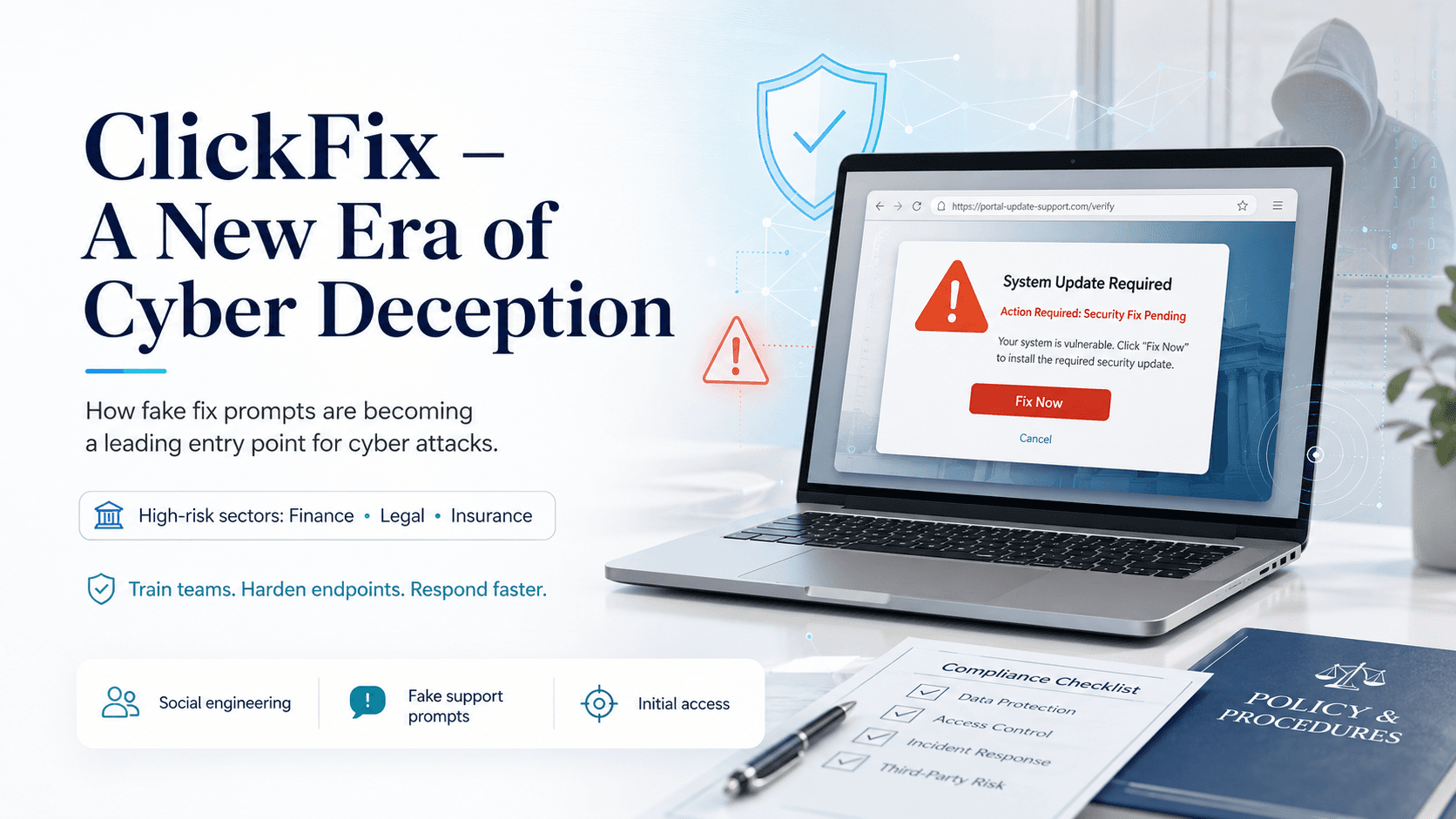 ClickFix attack explainer showing a fake security fix prompt on a laptop with cybersecurity warning symbols