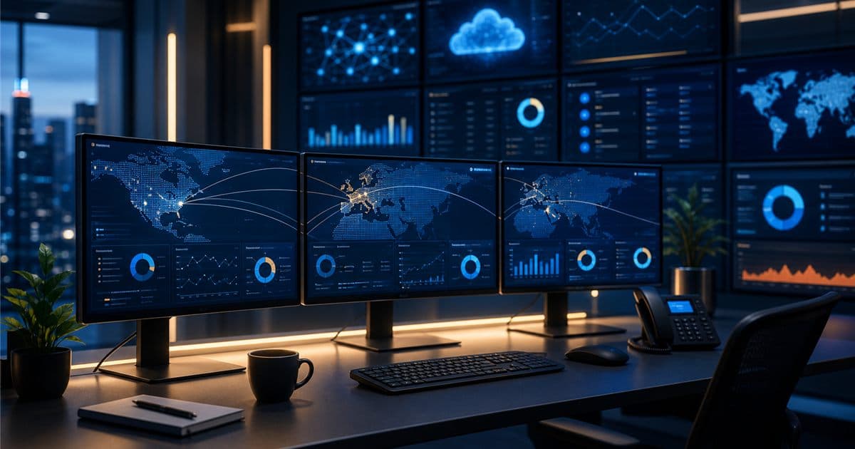 Remote IT operations desk monitoring cloud, security, and multi-region business systems