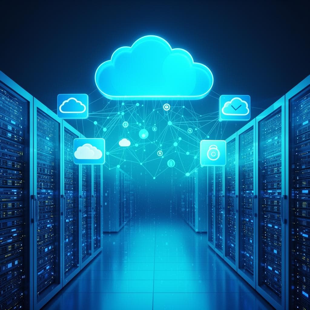 Cloud infrastructure visualization with interconnected servers and data flow