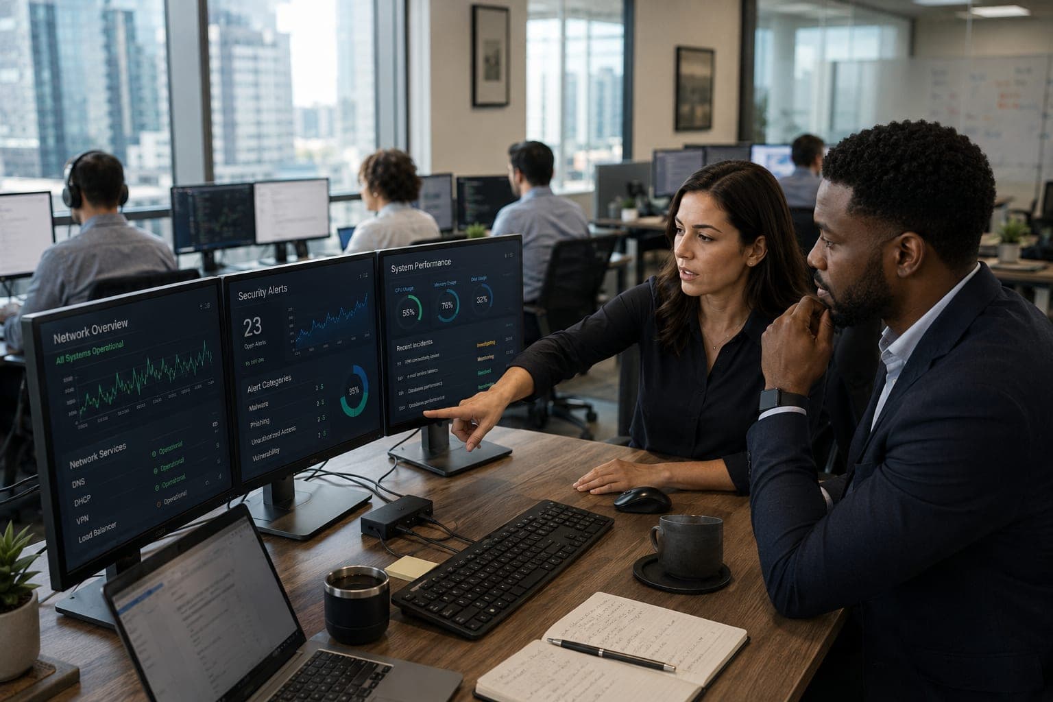 Two IT professionals reviewing network overview, security alerts, and system performance dashboards together