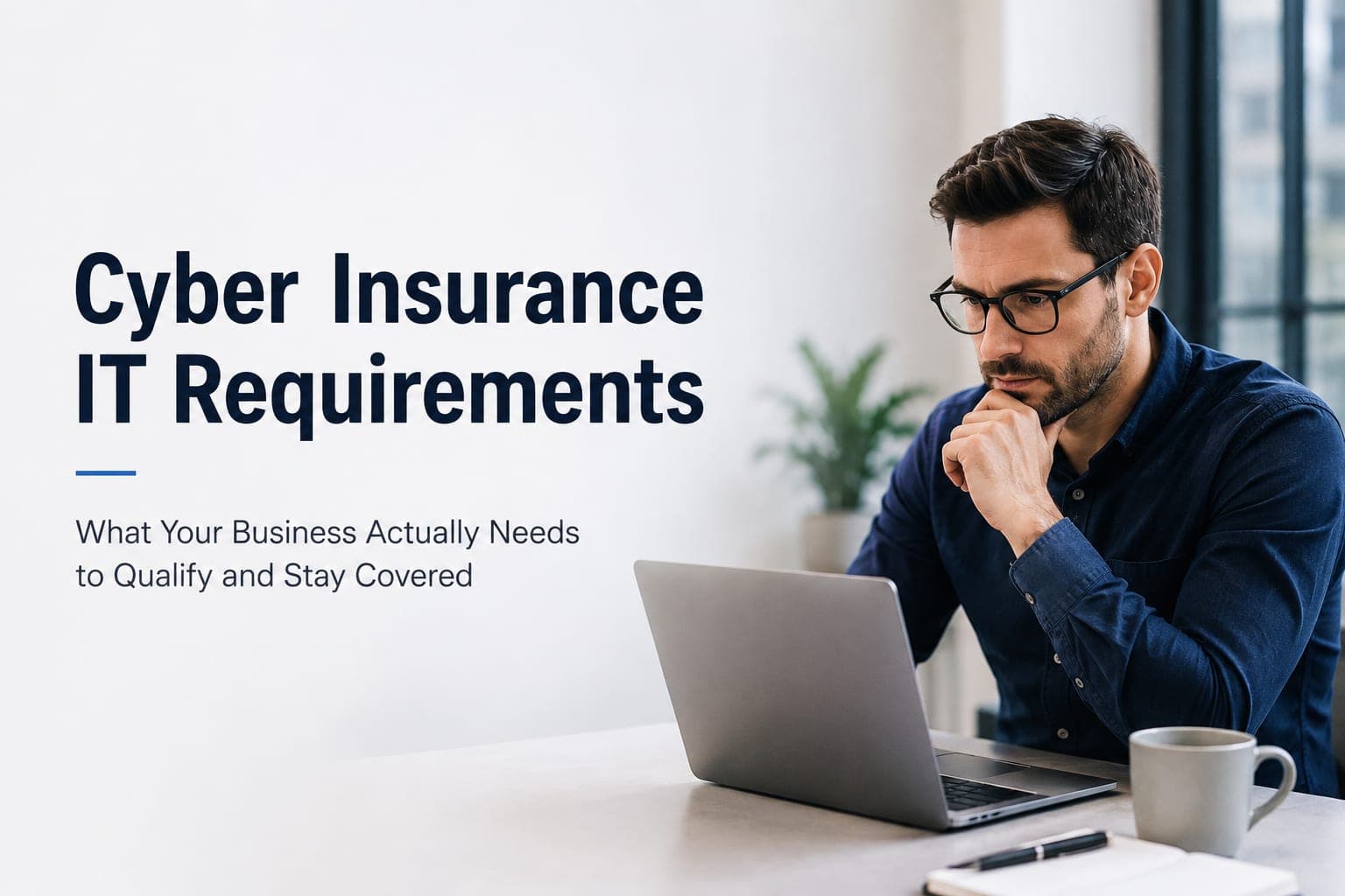 Business owner reviewing cyber insurance IT requirements on a laptop at a desk