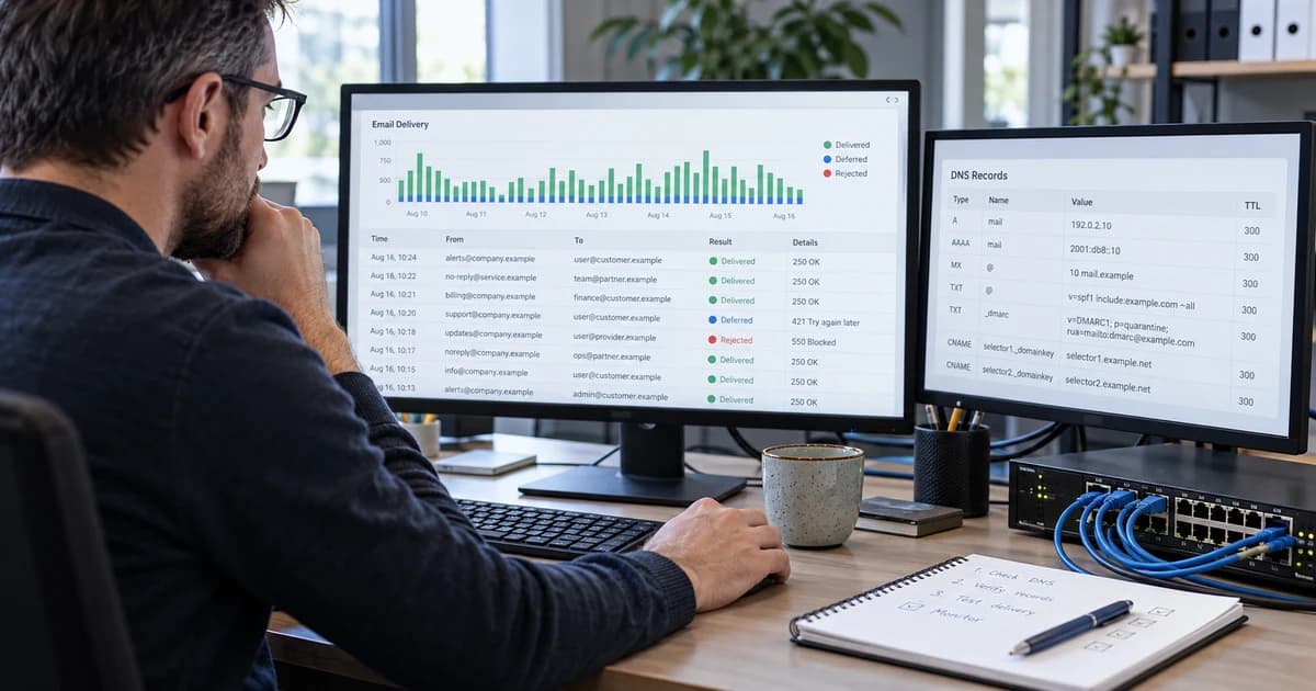 An email administrator reviews delivery reports and DNS settings beside a small network switch
