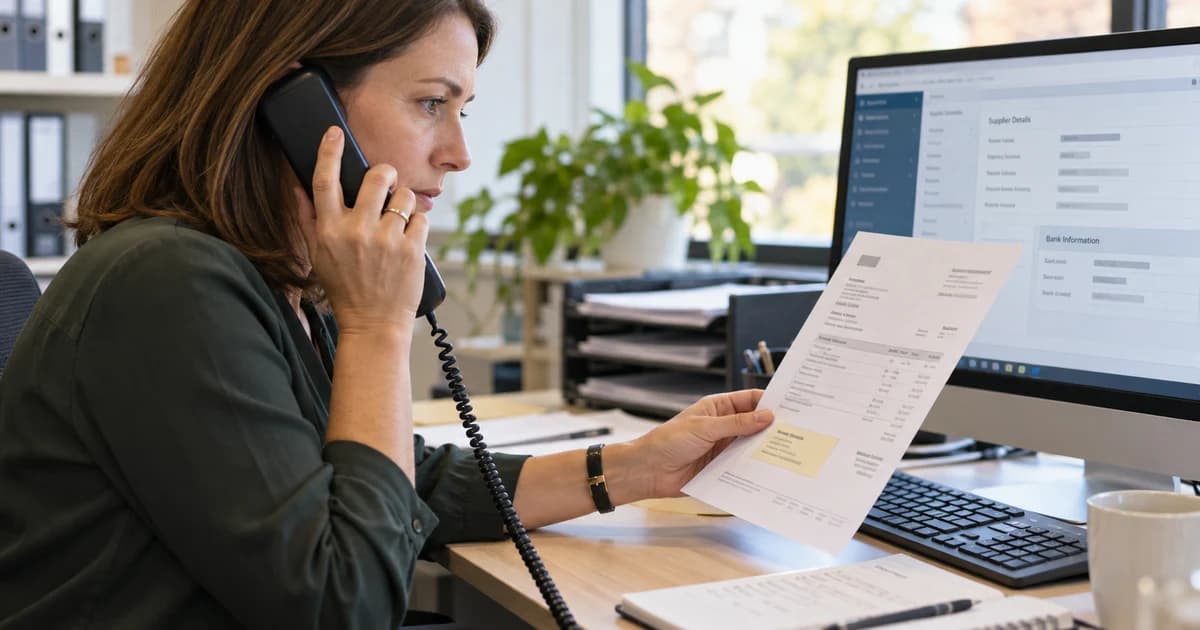 A finance manager phones a supplier while comparing an invoice with an existing supplier record