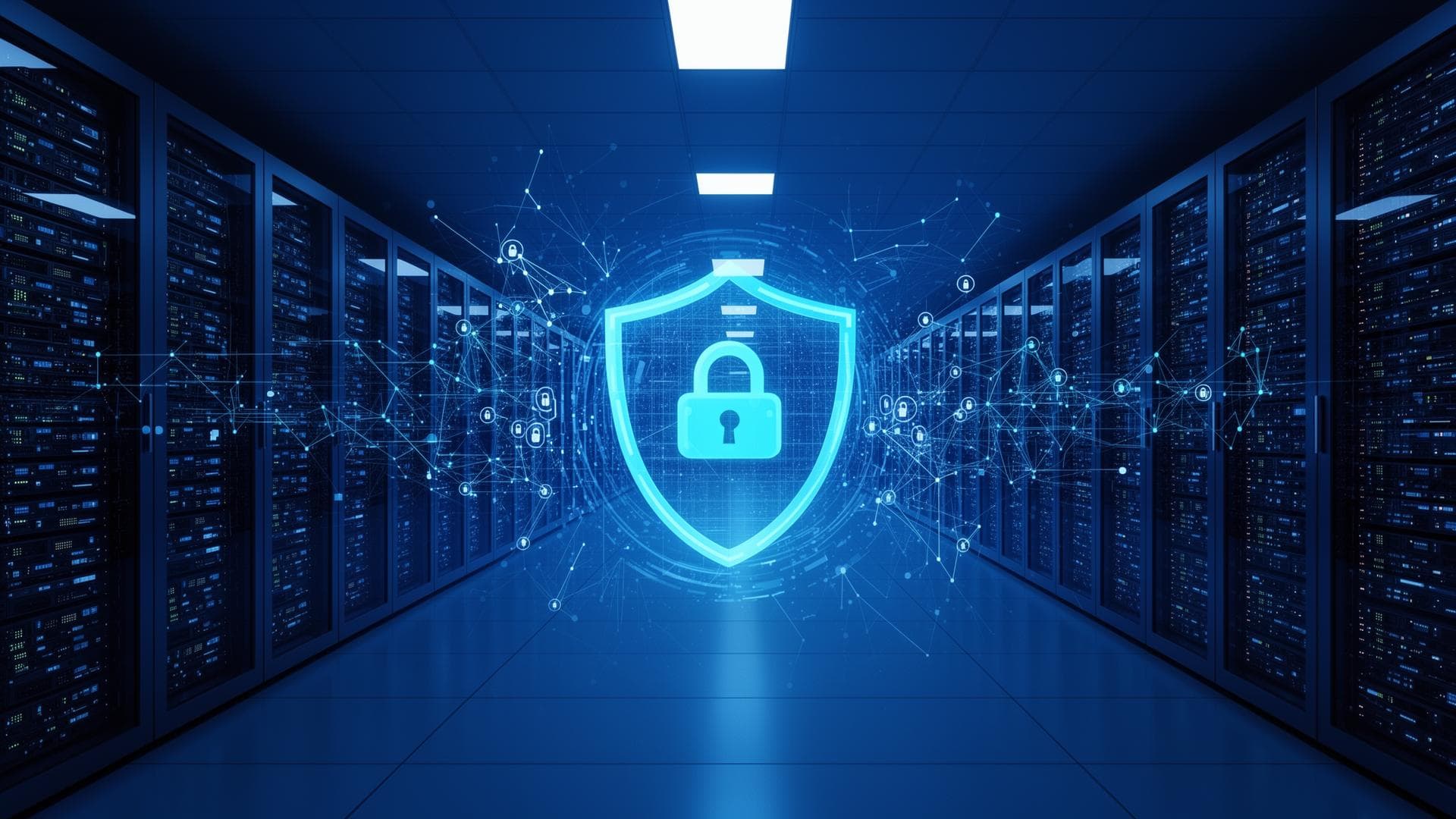 Real data center infrastructure representing monitoring, cloud, security, and uptime reporting