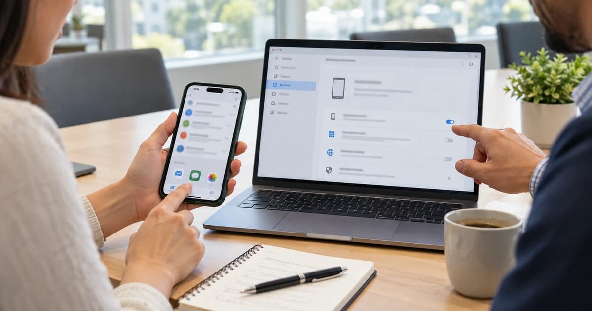 An IT administrator and staff member compare work-app access on a phone with device settings on a laptop