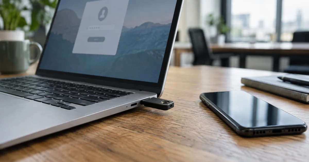 A hardware security key connected to a laptop beside a smartphone on an office desk