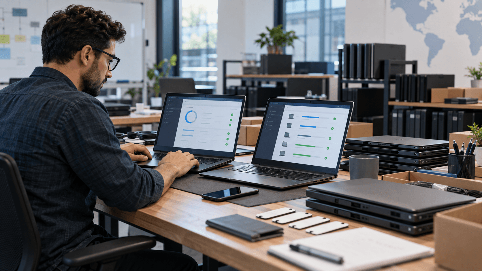 Laptop and infrastructure equipment representing secure endpoint management for distributed teams