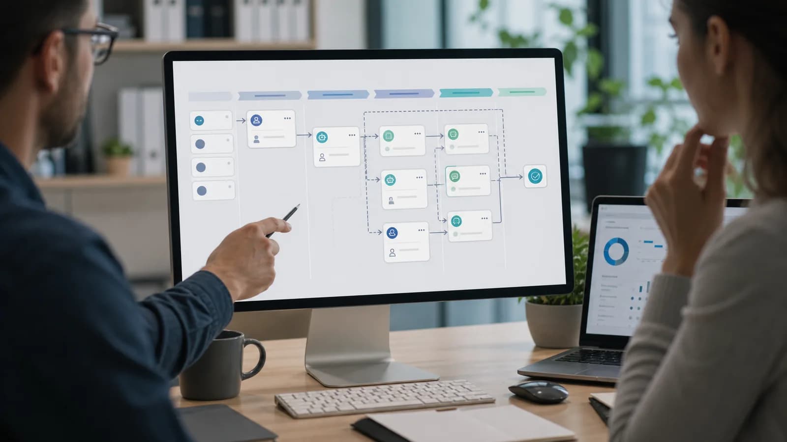 Business team reviewing an AI automation workflow with routing, approval, and handoff steps