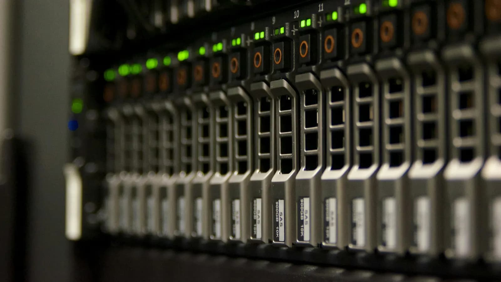 Rack-mounted servers with status lights in a hosting facility