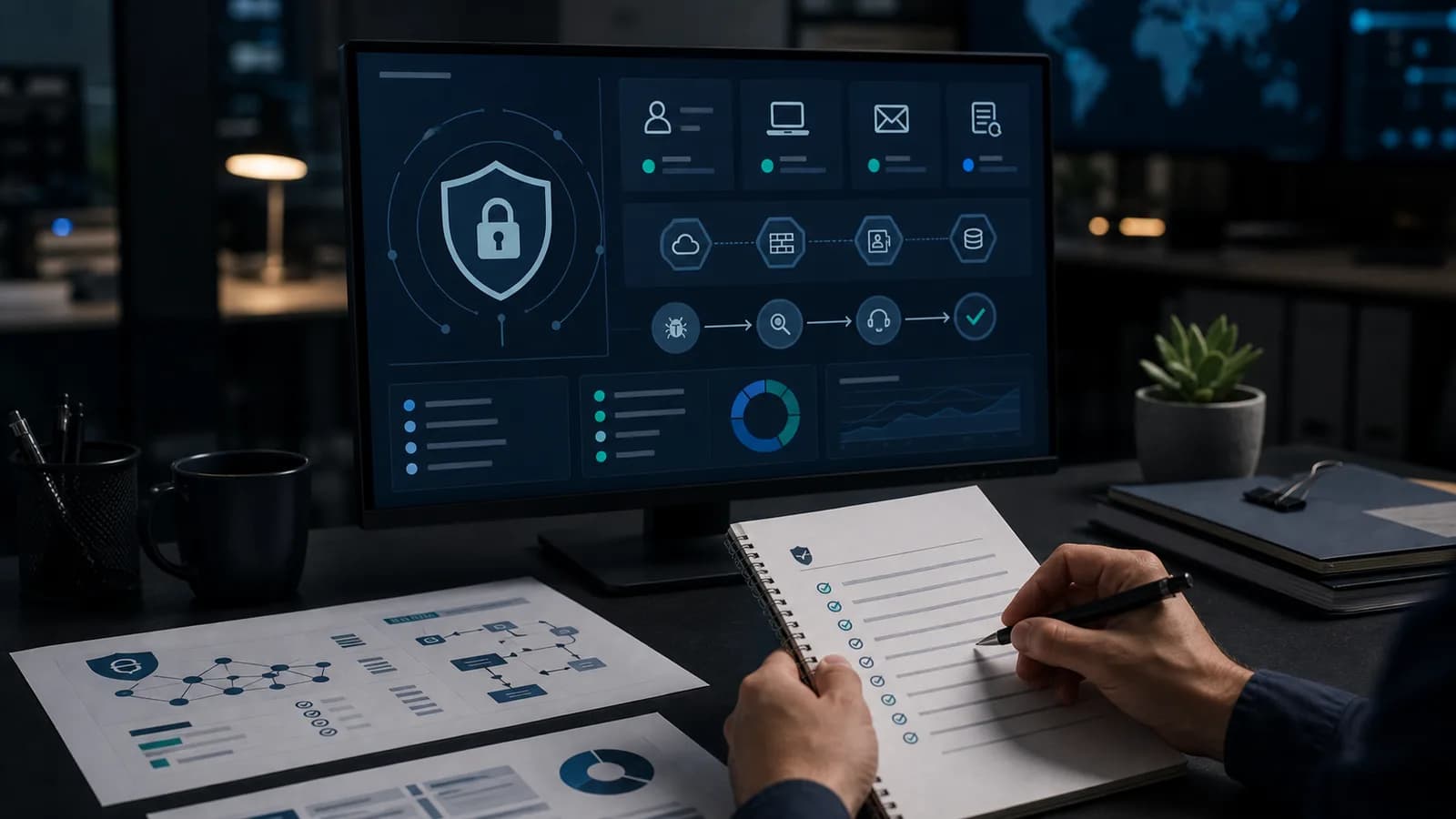 Cybersecurity control review with layered defense, incident response, and evidence checklist