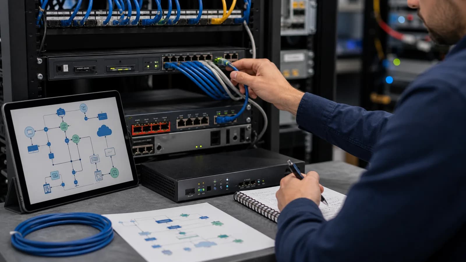 Network rack, cabling, and topology documentation for infrastructure planning