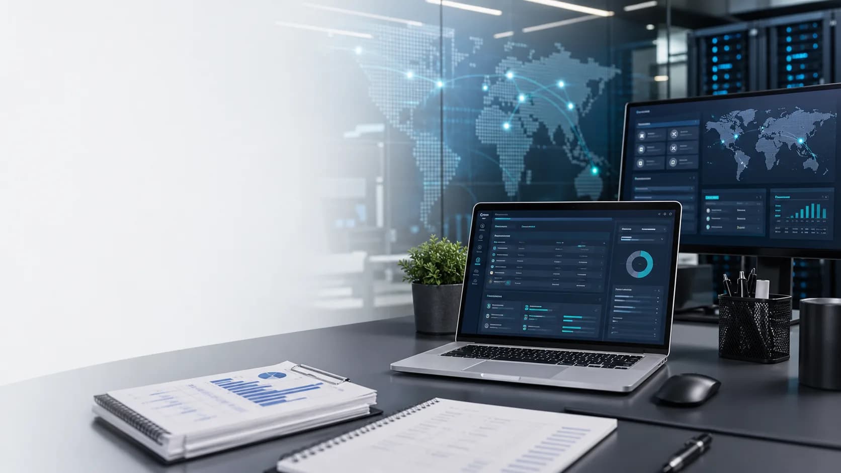 Remote IT operations desk showing dashboards, documentation, and global support visibility