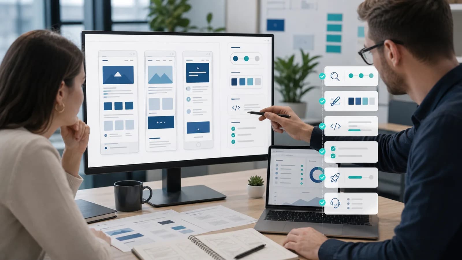 Product team reviewing website layouts, design system steps, QA, and launch workflow