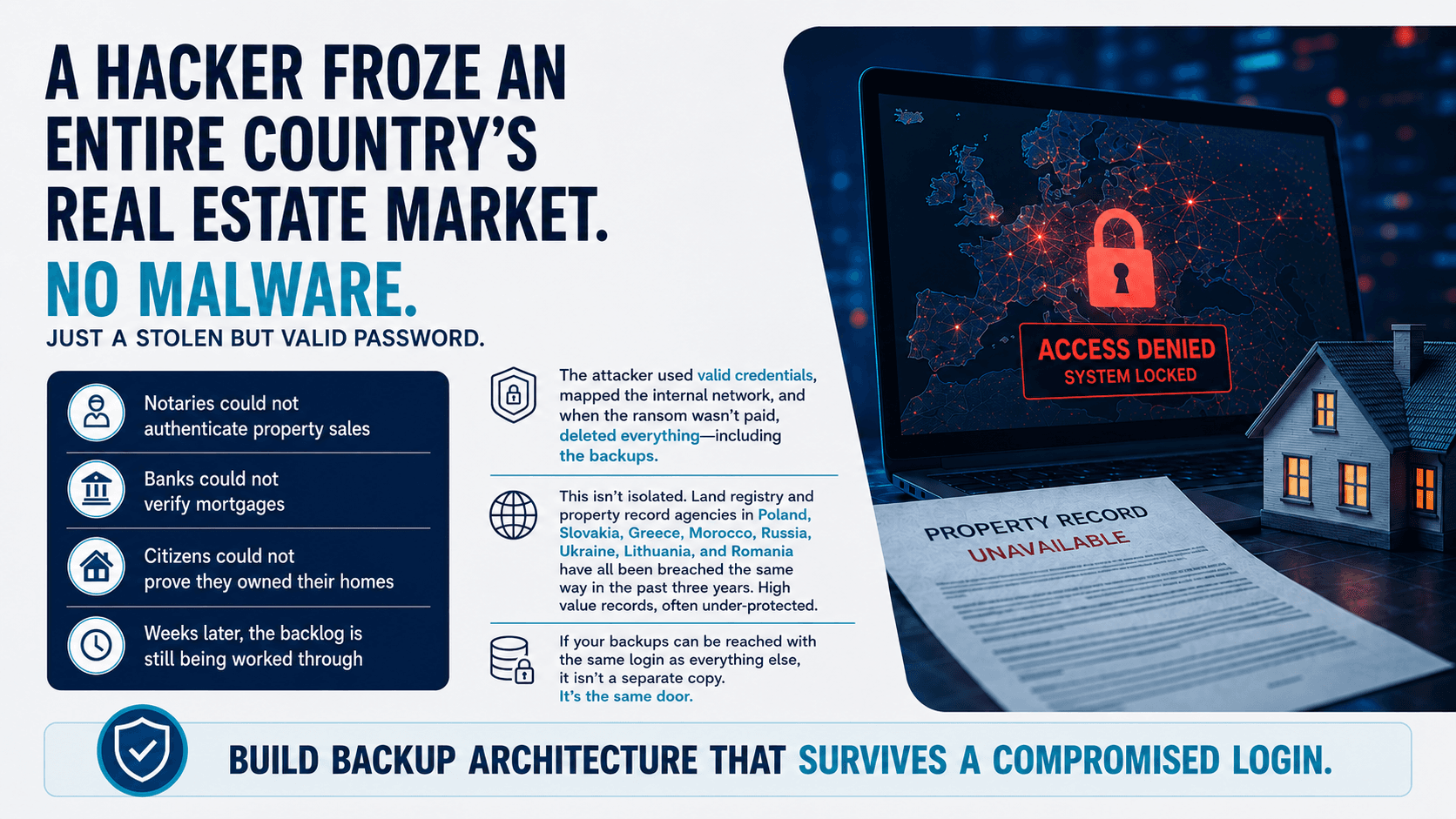 Real estate documents beside a laptop showing secure backup controls and protected storage in a professional office