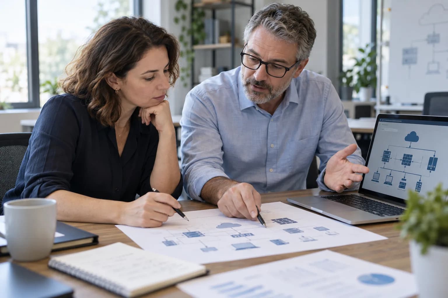 Business owner and IT consultant reviewing a technology roadmap together