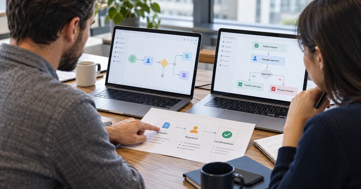 Two colleagues compare workflow diagrams on laptops with an approval sequence drawn on paper