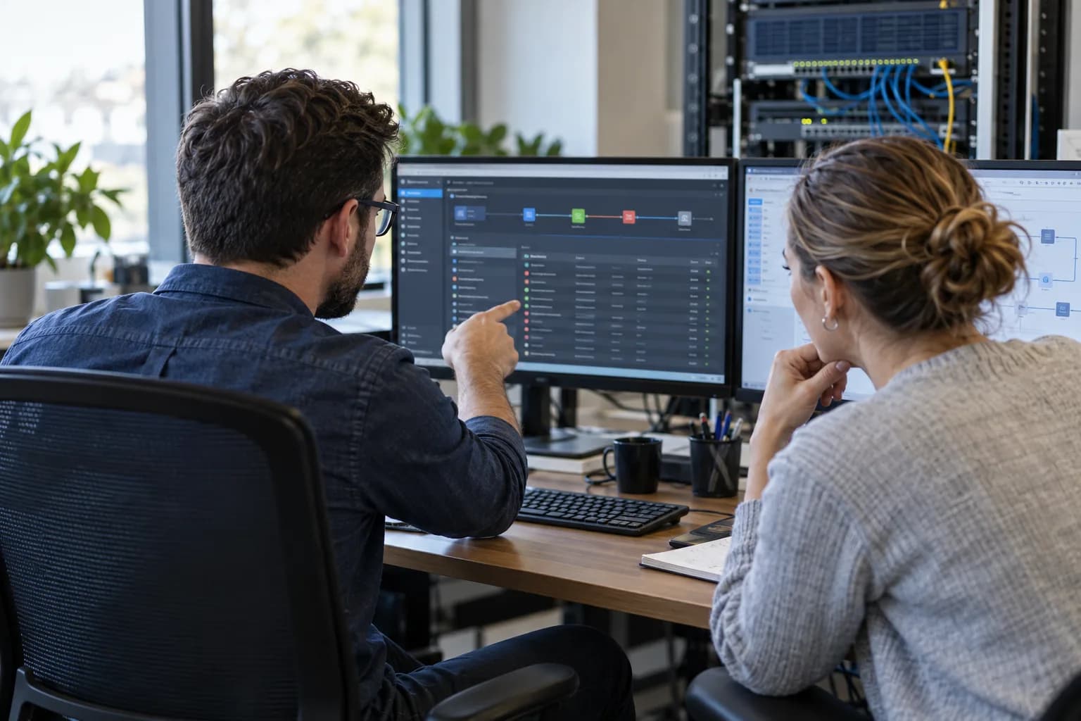 IT specialists reviewing firewall settings in a business network