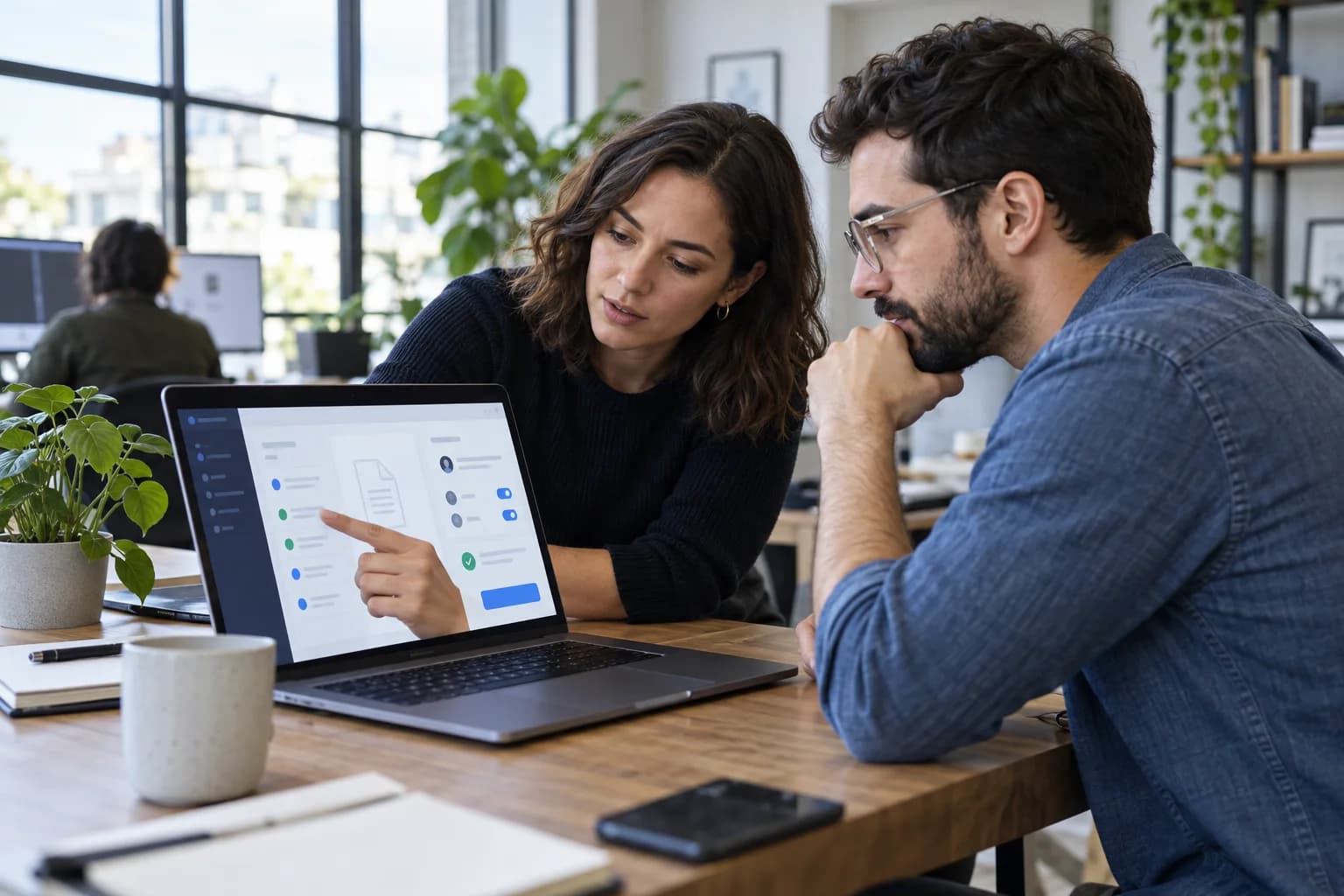 Designer and developer reviewing a client portal interface and permission flow