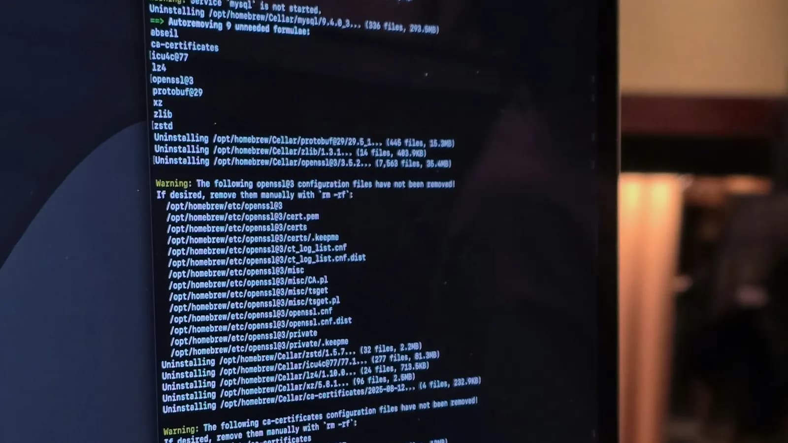 Terminal output on a laptop screen during a server maintenance task