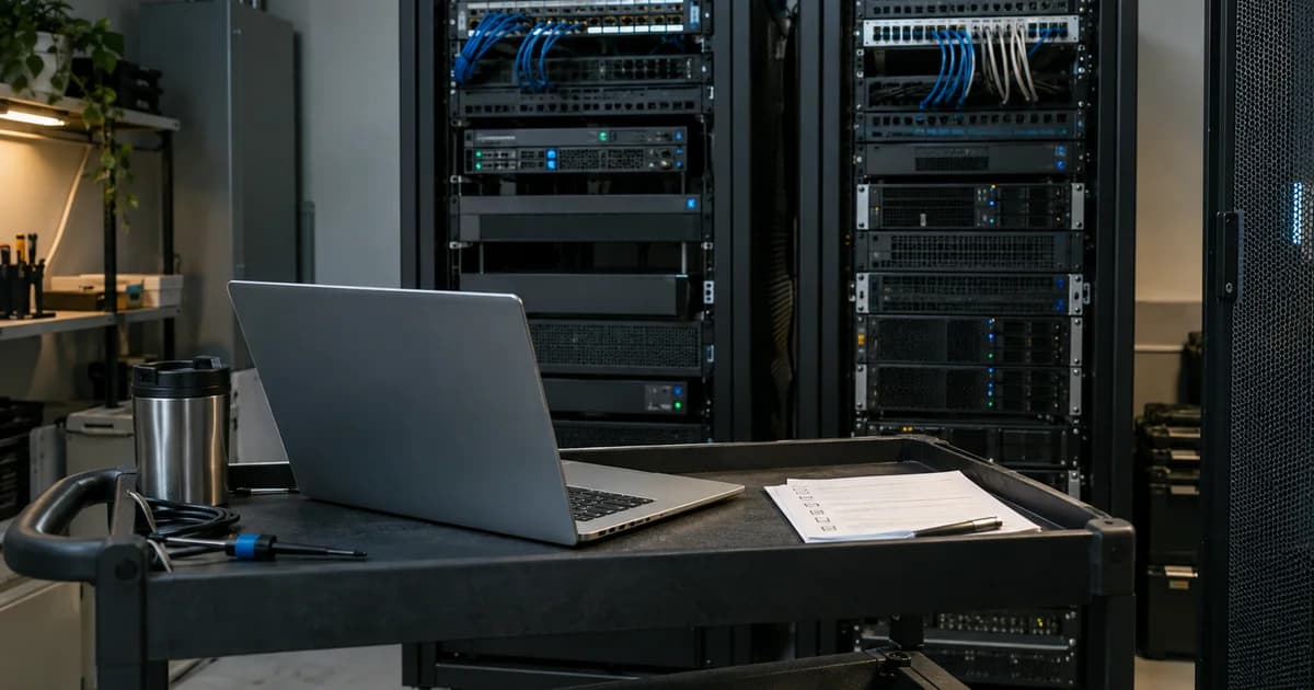 A laptop and planning checklist on a work cart beside organised server racks